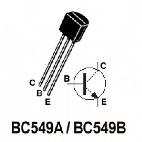 BC549B (близкий аналог КТ3102ДМ) биполярный транзистор NPN, 30 В, 0,2 А, 0,25 Вт, 300 МГц, корпус TO-92